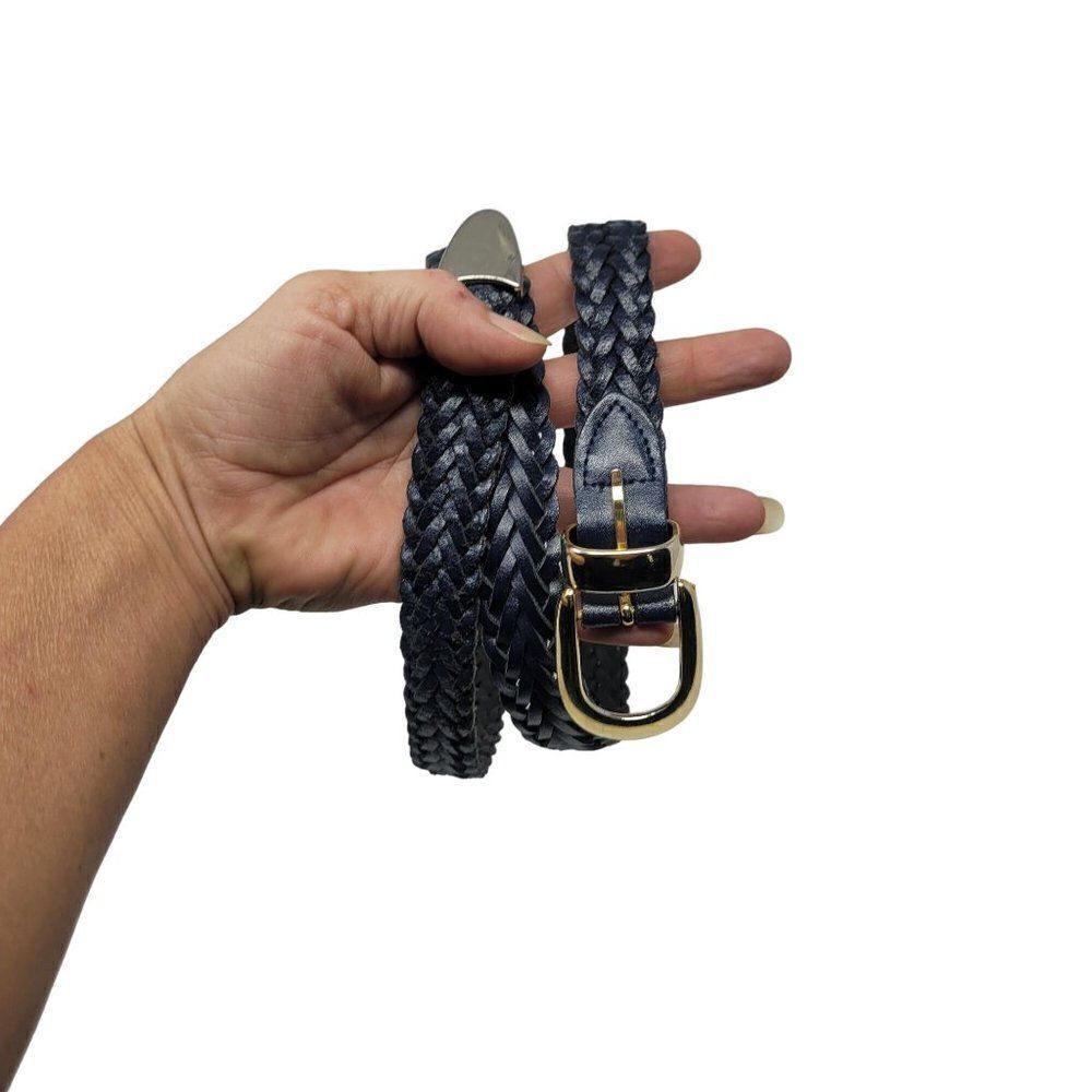 RF Navy Weaved Braided Leather Belt M/L Gold Buckle Western Boho Cowgirl‎
